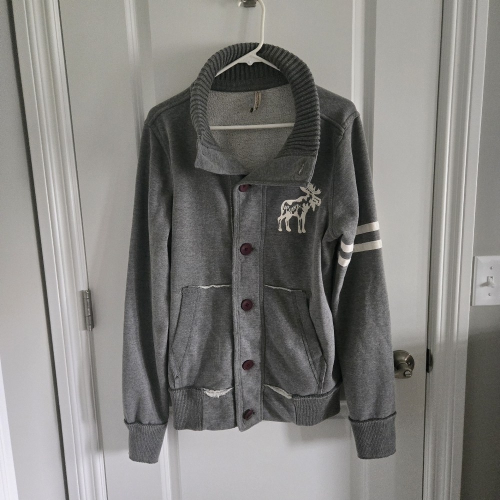 Gray Cardigan Sweater with Embroidered Logo